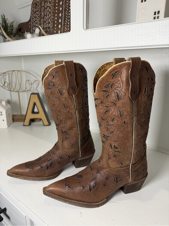 Laredo Shoes - Laredo Womens 7M Brown Floral Cutout Cowboy Boots Tall Western Boho